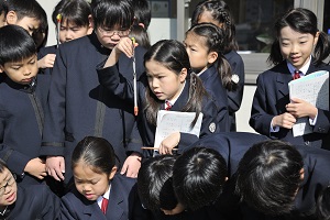 地温の測定。目線に合わせて目盛りを読みます。